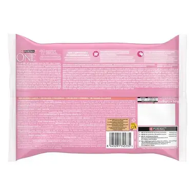 Parte trasera del envase Purina ONE Junior con información nutricional y composición.