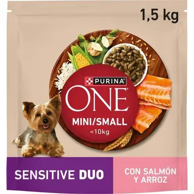 Envase Purina ONE Mini/Small Sensitive Duo de 1,5 kg con fotografía de perro pequeño.