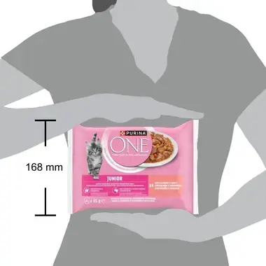 Multipack Purina ONE Junior junto a una silueta humana con referencia de tamaño de 168 mm.