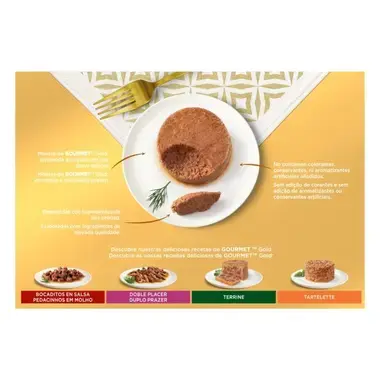 Mousse Gourmet Gold servido en plato con mensajes de calidad y otras recetas de la gama.