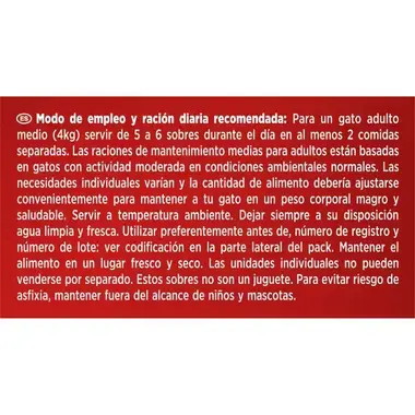 Modo de empleo de Gourmet Mon Petit Intense: 5-6 sobres al día para un gato adulto de 4 kg.