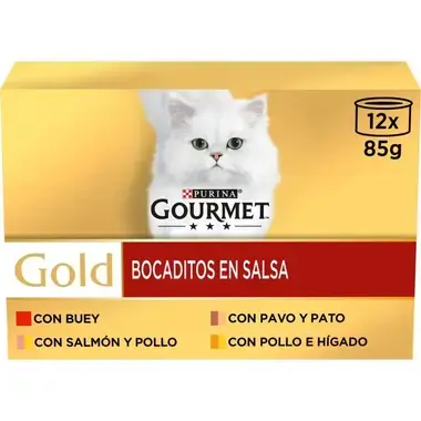 Frontal del pack Gourmet Gold Bocaditos en Salsa 12 x 85 g con cuatro variedades de sabores.