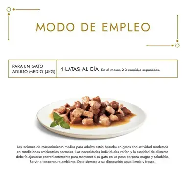 Modo de empleo de Gourmet Gold: 4 latas al día para un gato adulto medio de 4 kg.