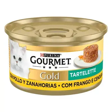 Lata Purina Gourmet Gold Tartelette con pollo y zanahorias, 85 g, vista lateral.