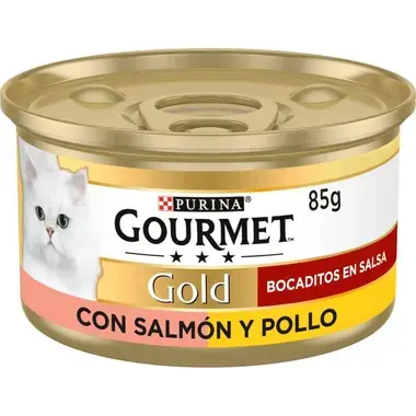 Lata Purina Gourmet Gold Bocaditos en Salsa con salmón y pollo, 85 g.