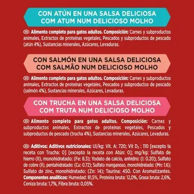 Ingredientes de Mon Petit Intense con atún, salmón y trucha en salsa deliciosa.