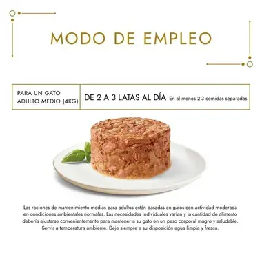 Modo de empleo: de 2 a 3 latas al día para un gato adulto medio de 4 kg.