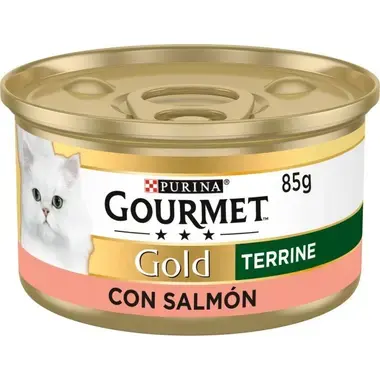 Lata Purina Gourmet Gold Terrine con salmón 85 g, vista frontal.