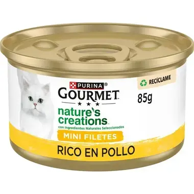 Lata Purina Gourmet Nature's Creations Mini Filetes rico en pollo 85 g, vista frontal.
