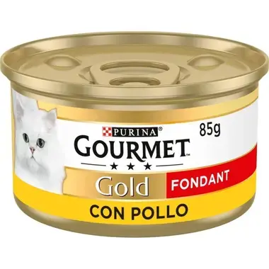 Lata Purina Gourmet Gold Fondant con pollo 85 g, etiqueta amarilla y gato blanco.