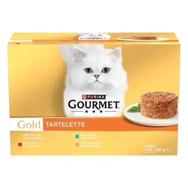 Caja Purina Gourmet Gold Tartelette 12 x 85 g con gato blanco y receta servida.