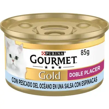 Lata Gourmet Gold Doble Placer 85 g con pescado del océano en salsa con espinacas.