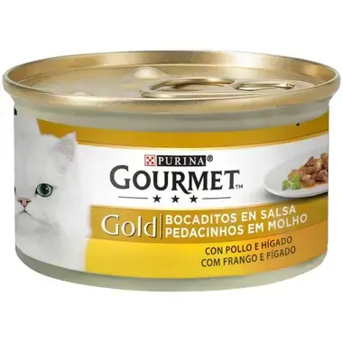 Lata Purina Gourmet Gold Bocaditos en Salsa con pollo e hígado, 85 g.