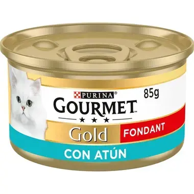 Lata Purina Gourmet Gold Fondant con atún 85 g, etiqueta turquesa y gato blanco.