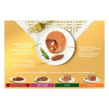 Gourmet Gold Fondant servido en plato, con corazón líquido y mensajes de calidad de la gama.