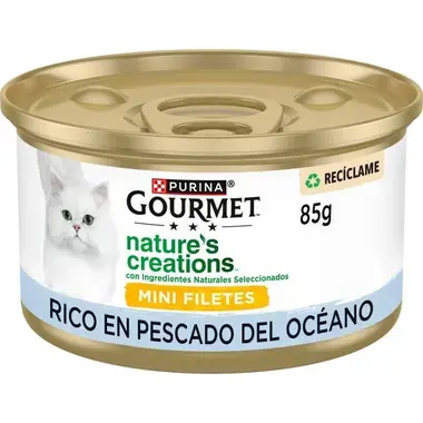Lata Purina Gourmet Nature's Creations Mini Filetes rico en pescado del océano, 85 g.