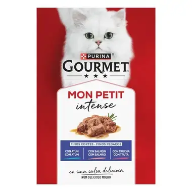 Pack Purina Gourmet Mon Petit Intense con atún, salmón y trucha en salsa.