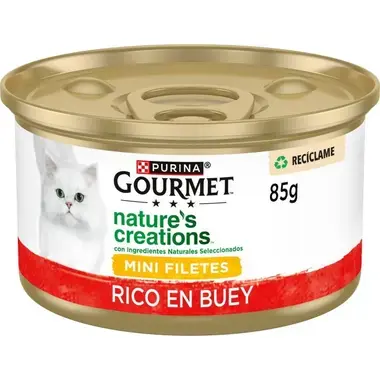 Lata Purina Gourmet Nature's Creations Mini Filetes rico en buey 85 g, vista frontal.