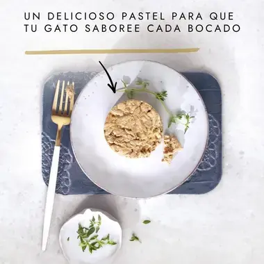 Tartelette Gourmet Gold servida en plato con texto sobre un pastel para saborear cada bocado.