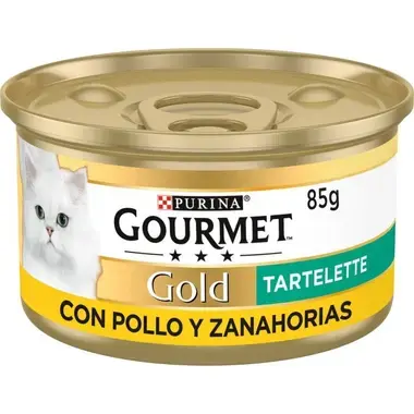 Lata Purina Gourmet Gold Tartelette con pollo y zanahorias, 85 g, vista frontal.
