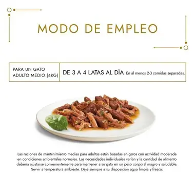 Modo de empleo de Gourmet Gold: de 3 a 4 latas al día para un gato adulto de 4 kg.