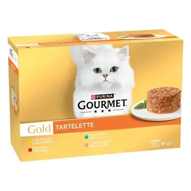 Caja Purina Gourmet Gold Tartelette 12 x 85 g con gato blanco y variedades de pollo, buey, atún y salmón.