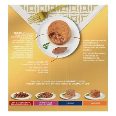 Terrine Gourmet Gold en plato con mensajes de calidad y otras recetas de la gama.