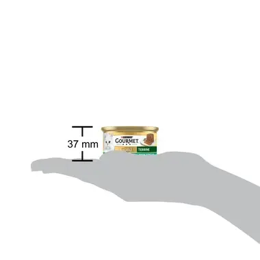 Lata Gourmet Gold Terrine sobre una mano, con altura indicada de 37 mm.