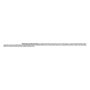 Texto de modo de empleo y ración diaria recomendada para gato adulto sobre fondo blanco.
