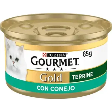 Lata Purina Gourmet Gold Terrine con conejo 85 g, vista frontal.