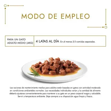 Modo de empleo: para un gato adulto medio de 4 kg, servir 4 latas al día en 2-3 comidas.