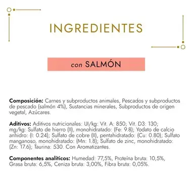 Ingredientes de Gourmet Gold Mousse con salmón, composición, aditivos y valores analíticos.