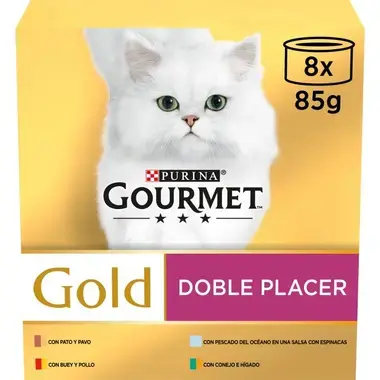 Pack Purina Gourmet Gold Doble Placer 8 x 85 g con gato blanco y variedades de sabores.