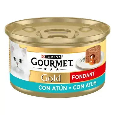 Lata Gourmet Gold Fondant con atún, vista lateral con imagen de la receta y gato blanco.