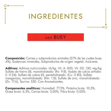 Ingredientes de Gourmet Gold Mousse con buey, composición, aditivos y componentes analíticos.