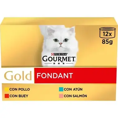 Pack Purina Gourmet Gold Fondant 12 x 85 g con variedades de pollo, buey, atún y salmón.