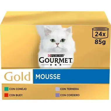 Pack Purina Gourmet Gold Mousse 24 x 85 g con gato blanco y variedades de conejo, buey, ternera y cordero.