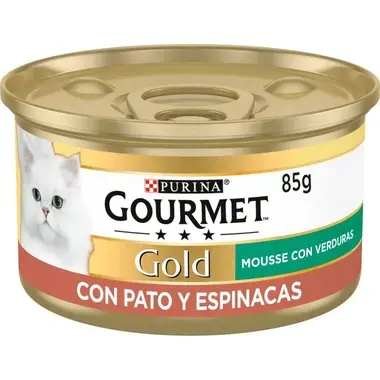 Lata Purina Gourmet Gold Mousse con verduras, pato y espinacas, 85 g.