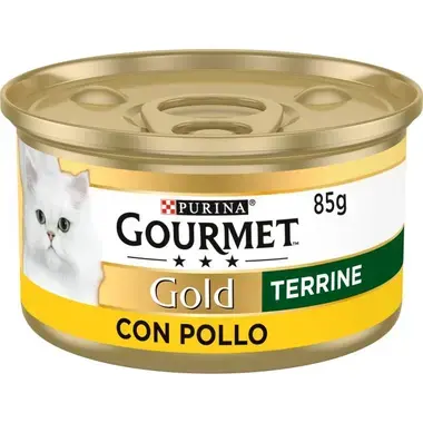 Lata Purina Gourmet Gold Terrine con pollo 85 g, vista frontal.