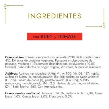 Ingredientes de Gourmet Gold Tartelette con buey y tomate, composición y valores analíticos.