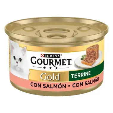 Lata Gourmet Gold Terrine con salmón, vista lateral con imagen de la receta.