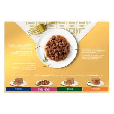 Plato de bocaditos en salsa Gourmet Gold con mensajes de calidad y gama de recetas.