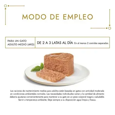 Modo de empleo: de 2 a 3 latas al día para un gato adulto medio de 4 kg.