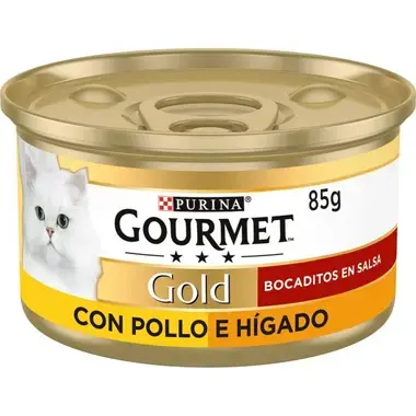 Lata Purina Gourmet Gold Bocaditos en Salsa con pollo e hígado, vista frontal.