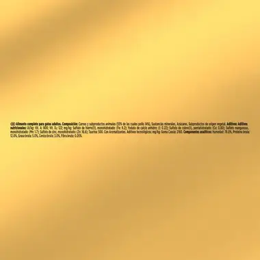 Texto de composición e ingredientes de Gourmet Gold Terrine con pollo sobre fondo dorado.