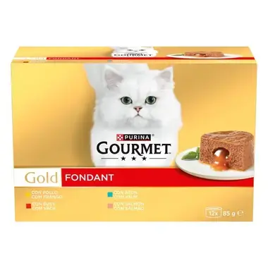 Caja Purina Gourmet Gold Fondant 12 x 85 g con gato blanco y porción con relleno líquido.