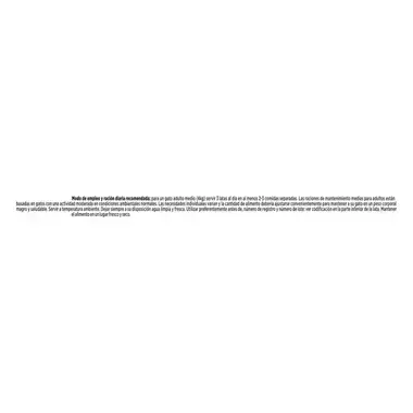 Texto de modo de empleo y ración diaria recomendada para gato adulto sobre fondo blanco.