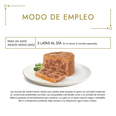 Modo de empleo: 3 latas al día para un gato adulto medio de 4 kg.