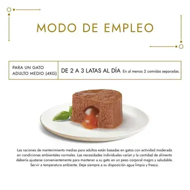 Modo de empleo: de 2 a 3 latas al día para un gato adulto medio de 4 kg.