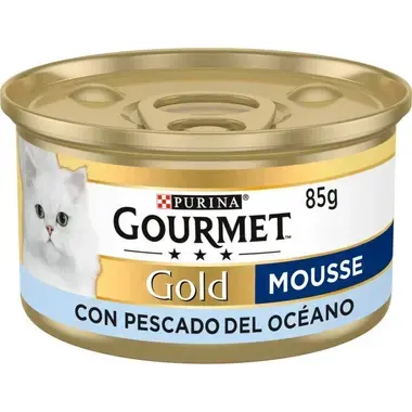 Lata Purina Gourmet Gold Mousse con pescado del océano 85 g, vista frontal.